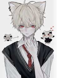 Rule 34 | 1boy, 1girl, absurdres, animal ears, antenna hair, black sweater vest, blonde hair, blunt bangs, blush, cat boy, cat ears, checkered necktie, closed mouth, collared shirt, commentary, earrings, eyelashes, genderswap, genderswap (ftm), grey background, hair between eyes, hand up, heart, highres, jewelry, looking at viewer, lulu (oysi mysi), male focus, necktie, original, oysi mysi, red eyes, red necktie, shirt, short hair, simple background, sleeve rolled up, slit pupils, solo focus, sweater vest, symbol-only commentary, upper body, white shirt