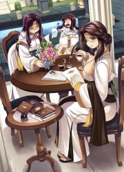 3girls blush book breasts cleavage dutch_angle flower glasses huge_breasts mil_(xration) multiple_girls nemma_(ragnarok_online) niren niren_(ragnarok_online) panno_(ragnarok_online) ragnarok_online siblings sisters sitting table tea twins
