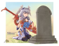 Rule 34 | 1girl, absurdres, artist name, black pantyhose, border, commentary, commission, curly hair, english commentary, grey hair, head wings, highres, holding, holding sword, holding weapon, instagram username, ko-fi username, long hair, melia antiqua, monado, outside border, pantyhose, pochamastudios, signature, sitting, solo, sword, tearing up, tombstone, twitter username, watermark, weapon, white border, wings, xenoblade chronicles: future connected, xenoblade chronicles (series), xenoblade chronicles 1