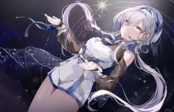 1girl absurdres bare_shoulders blue_hat blue_nails blue_streaks clothing_cutout commentary_request dolechan dress dutch_angle floating_hair hair_behind_ear hair_between_eyes hair_intakes happy_tears hat headset hebi_(vtuber) highres indie_virtual_youtuber korean_commentary long_hair multicolored_hair neck_ribbon open_hands parted_bangs ribbon see-through_clothes see-through_sleeves shorts shoulder_cutout smile streaked_hair tears teeth very_long_hair virtual_youtuber white_dress white_hair white_shorts