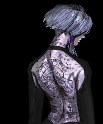1girl absurdres back_tattoo backless_outfit black_background black_dress copyright_request dress from_behind grey_hair highres original peinlike short_hair simple_background solo tattoo upper_body