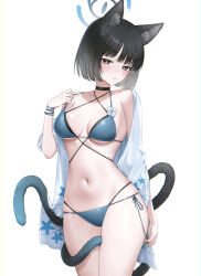 animal_ears bikini black_eyes black_tail blue_archive blue_bikini blue_halo blue_tail cat_ears cat_girl cat_tail colored_inner_animal_ears criss-cross_straps gradient_tail halo hibiwa highres kikyou_(blue_archive) kikyou_(swimsuit)_(blue_archive) layered_bikini multiple_tails official_alternate_costume swimsuit tail two_tails
