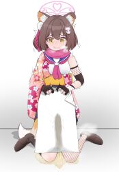 Rule 34 | 1girl, absurdres, animal ears, blue archive, blush, boots, breasts, brown hair, cat ears, drooling, female focus, fox tail, highres, izuna (blue archive), japanese clothes, lmc (pivix), open mouth, pee, pee stain, peeing, short hair, simple background, small breasts, solo, stain, steam, tail, tears, tongue, towel, trembling, wet towel, white background, yellow eyes