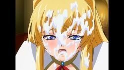 1girl 2000s_(style) 2007 blonde_hair blush bukkake cum cum_on_clothes cum_on_hair hattori_kenji in_heat inda_no_himekishi_janne jeanne_grenoble long_hair nipples non-web_source open_mouth princess tongue
