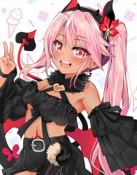 1girl bare_shoulders black_skirt blush breasts chloe_von_einzbern chloe_von_einzbern_(fgo_fes._2025) commentary_request dark-skinned_female dark_skin demon_horns demon_tail demon_wings detached_sleeves fake_horns fate/grand_order fate_(series) highres horns long_hair looking_at_viewer miniskirt mochi_(k620803n) navel open_mouth orange_eyes pink_hair side_ponytail skirt small_breasts smile solo stomach_tattoo tail tattoo wings