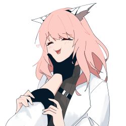 1girl absurdres animal_ears black_gloves cat_ears girls&#039;_frontline girls&#039;_frontline_neural_cloud gloves heart highres lab_coat long_hair long_sleeves myticalcat neck_grab open_mouth out_of_frame persicaria_(neural_cloud) pink_hair simple_background solo_focus sweater turtleneck turtleneck_sweater white_background