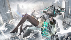 1girl aqua_eyes arknights between_breasts bird black_pantyhose breasts cityscape coat dress feathered_wings fingerless_gloves gloves grey_hair hair_between_eyes head_wings highres ho&#039;olheyak_(arknights) infection_monitor_(arknights) johnblack long_sleeves long_tail looking_at_viewer medium_hair nail_polish open_clothes outdoors pantyhose parted_lips pencil_dress reaching reaching_towards_viewer snake_tail solo strap_between_breasts tail white_dress white_gloves wide_shot wings