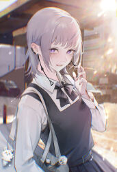 Rule 34 | 1girl, absurdres, bag, black dress, car, chainsaw man, character doll, collared shirt, doll, dress, earrings, fami (chainsaw man), famine devil (chainsaw man), fourth east high school uniform, grey hair, highres, ivdimension, jewelry, long sleeves, looking at viewer, medium hair, mole, mole under eye, mole under mouth, motor vehicle, multiple moles, open mouth, outdoors, pinafore dress, purple eyes, ringed eyes, school bag, school uniform, shirt, sleeveless, sleeveless dress, smile, teeth