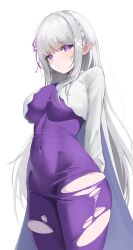 1girl absurdres arms_behind_back blush bodysuit braid breasts commentary covered_navel crown_braid elf emilia_(re:zero) hair_ornament hair_ribbon highres impossible_bodysuit impossible_clothes large_breasts long_hair long_sleeves looking_at_viewer nami_ne0227 pointy_ears purple_bodysuit purple_eyes purple_ribbon re:zero_kara_hajimeru_isekai_seikatsu ribbon shrug_(clothing) simple_background skin_tight solo torn_bodysuit torn_clothes very_long_hair white_background white_hair white_shrug x_hair_ornament
