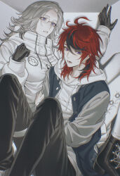 2girls 7nite absurdres ahoge aotsuki_eito arms_up black_boots black_gloves black_pants black_streaks blue_eyes blue_jacket boots box chinese_commentary clothes_writing cramped drawstring genderswap genderswap_(mtf) glasses gloves grey_hair grey_jacket hand_on_own_arm highres hood hoodie in_box in_container jacket long_hair looking_at_another looking_to_the_side medium_hair multicolored_hair multicolored_jacket multiple_girls open_clothes open_jacket pants purple_eyes red_hair streaked_hair stuck_in_a_box sumino_takumi sweatdrop the_hundred_line_-last_defense_academy- two-tone_jacket weibo_username white_hoodie white_jacket white_pants zipper