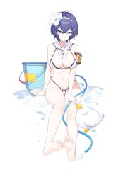 1girl absurdres animal armband armpit_crease bare_shoulders barefoot bikini bird blue_eyes blue_flower blue_hair blush blush_stickers bow breasts bucket closed_mouth commentary duck flower grey_background hair_between_eyes hair_flower hair_ornament hairband heart heart_hair_ornament highres holding hose karas_(10_9) navel original reflection short_hair simple_background sitting skindentation smile soles solo swimsuit water white_bikini white_bow white_flower white_hairband