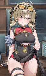 1girl absurdres ahoge arm_support black_dress black_panties blonde_hair breasts cameltoe champ4ne china_dress chinese_clothes clothes_lift clothing_cutout cutout_above_navel dress dress_lift eyewear_on_head fingerless_gloves frontal_wedgie gloves grin hair_ornament hair_over_one_eye highres lifting_own_clothes looking_at_viewer low_twintails panties partially_visible_vulva pelvic_curtain purple_eyes single_fingerless_glove smile solo sunglasses sweety_(zenless_zone_zero) teeth thigh_strap tinted_eyewear twintails underwear wedgie yellow-tinted_eyewear zenless_zone_zero
