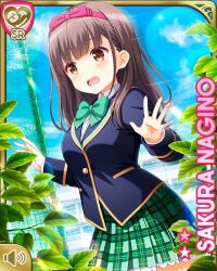 1girl blazer blue_jacket bow breasts brown_eyes brown_hair card_(medium) day girlfriend_(kari) green_skirt hair_bow jacket large_breasts leaf medium_hair nagino_sakura net official_art open_mouth outdoors plaid_clothes plaid_skirt qp:flapper school_uniform screaming shirt shoes skirt soccer_field socks solo standing tagme white_shirt