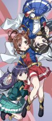 3girls :o aijou_karen arm_up belt belt_buckle black_boots black_hair blue_eyes blue_jacket blush boots brown_eyes brown_hair buckle commentary_request crown epaulettes floating_hair green_jacket green_skirt grey_background hair_ornament hairclip hand_on_another&#039;s_leg hand_on_another&#039;s_thigh hand_up highres holding_hands jacket kagura_hikari long_hair long_sleeves looking_at_viewer lying maruiusausagi midair mini_crown miniskirt multicolored_jacket multiple_girls on_back on_one_knee open_mouth parted_lips pleated_skirt purple_eyes purple_hair red_jacket red_ribbon red_skirt ribbon short_hair shoujo_kageki_revue_starlight single_stripe skirt smile sparkle_hair_ornament striped_clothes striped_skirt stuffed_animal stuffed_toy tassel teddy_bear tilted_headwear tsuyuzaki_mahiru two-tone_jacket two_side_up upside-down waist_cape white_jacket yellow_belt