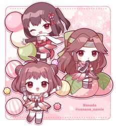 3girls :3 :d :o ;d antenna_hair artist_name bare_shoulders black_gloves blush_stickers boots border bow brown_eyes chibi chibi_only commentary dango double_bun dress elbow_gloves food foot_up full_body gloves green_bow grey_boots hair_bow hair_bun hair_ribbon highres holding holding_microphone jintsuu_(kancolle) kantai_collection leg_up long_hair looking_at_viewer microphone mochi multiple_girls nada_namie naka_(kancolle) necktie one_eye_closed one_side_up open_mouth outline outside_border parted_bangs pink_background pink_dress red_necktie red_ribbon ribbon sailor_collar sakura_mochi sanshoku_dango sendai_(kancolle) short_hair short_sleeves sidelocks sitting sleeveless sleeveless_dress smile symbol-only_commentary thighhighs twitter_username wagashi white_border white_outline white_sailor_collar white_thighhighs