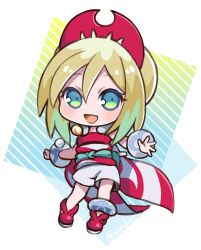 1girl :d blue_eyes chibi chibi_only eyelashes hair_between_eyes hairband highres irida_(pokemon) looking_at_viewer mipokec nintendo open_mouth pokemon pokemon_legends:_arceus red_hairband red_shoes shirt shoes short_hair shorts sleeveless sleeveless_shirt smile solo standing twitter_username white_shorts