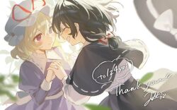 2girls artist_name back back_bow belt black_capelet black_hair black_hat black_skirt blonde_hair blush bow capelet chinese_commentary closed_eyes closed_mouth commentary_request commission dress english_text floating_hair hair_between_eyes hair_bow hands_up happy hat hat_bow hat_ribbon holding_hands jill_07km juliet_sleeves leaf long_sleeves maribel_hearn mob_cap multiple_girls puffy_long_sleeves puffy_sleeves purple_dress purple_eyes red_bow red_ribbon ribbon shirt short_hair skeb_commission skirt smile standing teeth thank_you touhou unworn_hat unworn_headwear usami_renko white_belt white_bow white_hat white_shirt yuri