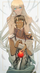 2girls absurdres apple bare_shoulders blonde_hair blue_eyes blunt_bangs blush brown_hair dark-skinned_female dark_skin ecomoesty food fruit green_eyes hands_on_another&#039;s_cheeks hands_on_another&#039;s_face highres joints long_hair looking_at_viewer looking_up mechabare multiple_girls off_shoulder original robot_joints
