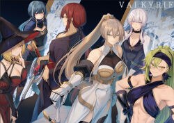 6+girls armor armored_dress armored_gloves blonde_hair blue_hair breastplate breasts cattleya_(hijiri_kishi_sonia-san) dress finger_to_mouth green_eyes hands_on_own_hips hat highres holding holding_sword holding_weapon large_breasts lecia_(hijiri_kishi_sonia-san) light_green_hair light_smile lilith_(hijiri_kishi_sonia-san) long_hair mage_staff mashutarou_(neko_no_oyashiro) multicolored_hair multiple_girls nagi_(hijiri_kishi_sonia-san) orange_eyes original paladin ponytail purple_eyes red_dress red_eyes red_hair samurai short_hair sonia_(hijiri_kishi_sonia-san) streaked_hair sword tsubaki_(hijiri_kishi_sonia-san) very_long_hair warrior weapon white_hair witch witch_hat yellow_eyes