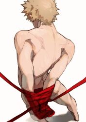 Rule 34 | 1boy, arms behind back, back, back muscles, bakugou katsuki, blonde hair, boku no hero academia, bound, bound arms, commentary request, completely nude, from behind, highres, kunyamon busy, male focus, nude, short hair, simple background, solo, spiked hair, standing, toned, toned male, white background