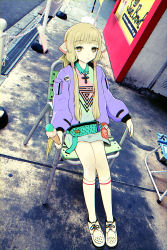 00s 1girl blonde_hair brown_eyes chii chobits cross cross_necklace crucifix fanny_pack female_focus food hair_tubes highres ice_cream jacket jewelry long_hair necklace nemo_brand poke_ball robot_ears sitting solo