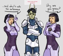 Rule 34 | 1boy, 2girls, alien, armor, black hair, crossed arms, dupli-kate (invincible), flaxan mark, hands up, highres, invincible (series), long hair, long sleeves, multiple girls, simple background, superhero costume, white background