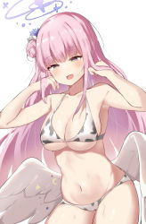 1girl :d absurdres angel_wings animal_print armpits bikini blue_archive blush breasts commentary cow_print doldol_(rkwowlqrp) flower hair_bun hair_flower hair_ornament halo highres long_hair low_wings medium_breasts mika_(blue_archive) navel open_mouth pink_hair ruffling_hair single_hair_bun smile solo sweat swimsuit very_long_hair wings yellow_eyes