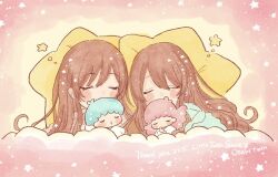 Rule 34 | 1boy, 3girls, anam95, blanket, blue hair, blush, closed eyes, closed mouth, commentary, hair between eyes, hair ornament, highres, idolmaster, idolmaster shiny colors, kiki (little twin stars), lala (little twin stars), little twin stars, long hair, long sleeves, lying, multiple girls, on back, open mouth, osaki amana, osaki tenka, pajamas, pillow, pink hair, red hair, sanrio, short hair, sleeping, smile, star-shaped pillow, star (symbol), star hair ornament, stuffed star, symbol-only commentary, under covers