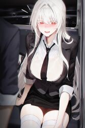 1girl absurdres arm_support black_jacket black_necktie black_skirt blush booth_seating breasts collared_shirt colored_eyelashes commentary hair_intakes highres jacket large_breasts long_hair looking_at_viewer miniskirt necktie open_mouth original orn red_eyes shirt sitting skirt sleeves_rolled_up solo_focus symbol-only_commentary thighhighs white_eyelashes white_hair white_shirt white_thighhighs window
