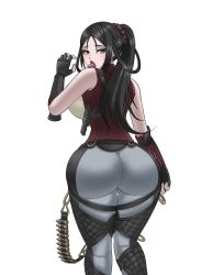 1girl aassddff ass backboob black_hair breasts cameltoe fingerless_gloves from_behind gloves green_eyes highres huge_ass huge_breasts kai_schren long_hair looking_at_viewer looking_back open_mouth pants senjou_no_valkyria_(series) senjou_no_valkyria_4 sideboob solo thick_thighs thighs tight_clothes tight_pants tongue tongue_out