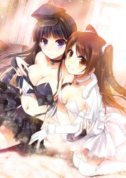 10s 2girls bare_shoulders black_hair black_skirt blue_eyes blush breasts brown_eyes brown_hair capelet choker cleavage collar collarbone dress dutch_angle female_focus gloves gunp hat hime_cut hug jewelry kneeling large_breasts legs long_hair looking_at_viewer midriff multiple_girls navel necklace ogiso_setsuna peaked_cap scrunchie shy sitting skirt smile snowflakes strap_slip strapless strapless_dress thighhighs touma_kazusa two_side_up white_album_(series) white_album_2 white_dress white_gloves white_legwear