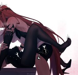 Rule 34 | 2girls, ^^^, absurdres, arched back, black gloves, black pantyhose, black shoes, black skirt, black sleeves, clothed sex, detached sleeves, dorsiflexion, dress, elisbian, elizabeth rose bloodflame, elizabeth rose bloodflame (1st costume), extreme dangling, eyes out of frame, feet, feet up, futa with female, futanari, gloves, halftone, halftone background, halterneck, hand on another&#039;s arm, hand on another&#039;s stomach, head out of frame, heart, heavy breathing, high heels, highres, hololive, hololive english, implied futanari, implied sex, legs up, long hair, lying, missionary, multiple girls, muscular, muscular female, nerissa ravencroft, nerissa ravencroft (casual), official alternate costume, on back, open mouth, pantyhose, pencil skirt, red hair, shirt, shoe dangle, shoes, single glove, single shoe, skirt, spoken heart, trembling, two-tone dress, very long hair, virtual youtuber, white background, white dress, white shirt, womb massage