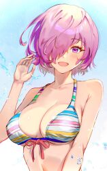 Rule 34 | 1girl, alternate costume, bikini, blue background, blush, breasts, chromatic aberration, cleavage, commentary request, fate/grand order, fate (series), front-tie bikini top, front-tie top, gradient background, hair over one eye, hand up, highres, large breasts, looking at viewer, mash kyrielight, mash kyrielight (swimsuit of perpetual summer ver.02), midriff, numao sub, open mouth, pink eyes, pink hair, short hair, solo, striped bikini, striped clothes, swimsuit, underboob, upper body, water, white background