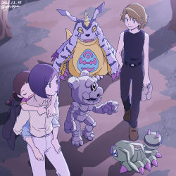 1girl 2boys blue_eyes bug chichos closed_eyes digimon digimon_adventure_02 gabumon gottsumon highres holding holding_sandals horn ichijouji_ken ishida_yamato multiple_boys sandals sleeping wormmon yellow_eyes