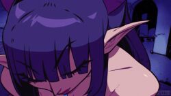 1girl animated animated_gif blue_hair breasts breasts_out clothes_pull crystal dress dress_pull fangs jewelry large_breasts mole mole_on_breast necklace night nipples purple_dress smile solo speedoru undressing