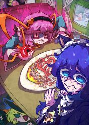 6+girls absurdres alternate_costume angry animal_ears aura black_hairband blue_eyes blue_hair blue_shirt cat_ears commentary_request cup enmaided fake_animal_ears fire food food_on_face fruit gloom_(expression) green_eyes green_hair hair_ornament hairband heart heart_hair_ornament highres hinanawi_tenshi houraisan_kaguya inaba_tewi indoors ketchup komeiji_koishi komeiji_satori lemon lemon_slice long_hair looking_at_another looking_to_the_side maid medium_hair multiple_girls omelet omurice open_mouth peach_hat_ornament pink_hair purple_fire reisen_udongein_inaba rice shirt short_hair tantalbo third_eye touhou upper_body wavy_mouth window yorigami_shion