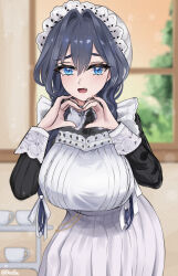 1girl absurdres apron black_dress black_hair blurry blurry_background braid breasts brulee cup dress fang hair_intakes hair_ribbon hat heart heart_hands highres hololive hololive_english indoors large_breasts long_hair looking_at_viewer low_twin_braids maid maid_apron mob_cap official_alternate_costume official_alternate_hairstyle open_mouth ouro_kronii ouro_kronii_(maid) ribbon solo teacup twin_braids virtual_youtuber white_apron white_ribbon window