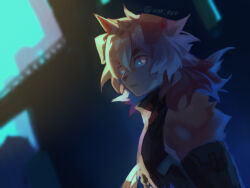 1boy arknights black_shirt detached_sleeves dog_boy furry furry_male hair_between_eyes horns hung_(arknights) long_hair looking_at_viewer male_focus orange_eyes outdoors parted_lips shirt single_horn solo sora-ya_(uya_kyo) twitter_username upper_body