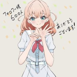1girl aqua_eyes blue_dress blush breast_pocket breasts c: closed_mouth commentary_request confetti crossed_bangs dress finger_counting finger_gun grey_background hasu_no_sora_school_uniform highres hinoshita_kaho jin_(oihlf) link!_like!_love_live! looking_at_viewer love_live! medium_breasts medium_hair milestone_celebration neckerchief open_hand orange_hair pleated_dress pocket puffy_short_sleeves puffy_sleeves red_neckerchief sailor_collar sailor_dress school_uniform short_sleeves smile solo split_mouth straight-on summer_uniform two_side_up upper_body virtual_youtuber white_sailor_collar