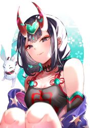 1girl animal bare_shoulders bob_cut breasts fate/grand_order fate_(series) haku_(fate) hazu_t highres horns looking_down off_shoulder oni purple_eyes purple_hair red_ribbon revision ribbon short_eyebrows short_hair shuten_douji_(fate) shuten_douji_(fate/grand_order) shuten_douji_(halloween_caster)_(fate) skin-covered_horns small_breasts smile solo