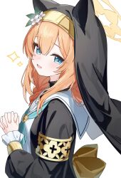 1girl absurdres animal_ear_headwear animal_ears armband black_dress black_veil blue_archive blue_eyes blush cat_ears coif dress fake_animal_ears flower flower_hat hair_between_eyes halo hat hat_flower highres interlocked_fingers long_hair long_sleeves looking_at_viewer mari_(blue_archive) nonddu nun open_mouth orange_hair own_hands_clasped own_hands_together simple_background smile solo veil white_background white_flower yellow_halo