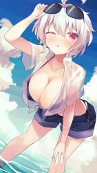 absurdres breasts cloud cloudy_sky damao_(kiwa777) hand_on_own_knee highres large_breasts ocean one_eye_closed original shirt sky sunglasses tagme wet wet_clothes wet_shirt