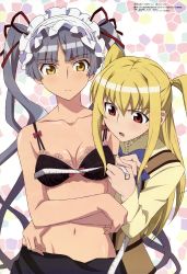 Rule 34 | 1boy, 1girl, absurdres, bare shoulders, black bra, blonde hair, blouse, blunt bangs, blush, bow, bow bra, bra, breasts, bust measuring, cleavage, clothes pull, collarbone, dress pull, fingernails, frilled bra, frills, groin, hair between eyes, hair ribbon, headdress, highres, lace, lace-trimmed bra, lace trim, lingerie, long hair, long sleeves, looking at viewer, maid, maid headdress, maria holic, measuring, medium breasts, megami magazine, mole, mole under eye, nakayama hatsue, navel, non-web source, official art, open mouth, parted bangs, red eyes, ribbon, school uniform, shidou mariya, shinouji matsurika, shiny skin, shirt, silver hair, tape measure, trap, twintails, two side up, underwear, upper body, very long hair, yellow eyes, yellow shirt