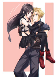 1boy 1girl absurdres armor black_gloves black_hair black_thighhighs blonde_hair blue_eyes blush boots bracelet carrying cloud_strife commentary_request crop_top elbow_gloves feet_out_of_frame final_fantasy final_fantasy_vii final_fantasy_vii_remake fingerless_gloves gloves hand_on_another&#039;s_shoulder highres jewelry long_hair looking_at_another low-tied_long_hair materia midriff mizuamememe open_mouth princess_carry red_boots red_eyes short_hair shoulder_armor skirt sleeveless sleeveless_turtleneck spiked_hair suspender_skirt suspenders sweatdrop sweater tank_top thighhighs tifa_lockhart turtleneck turtleneck_sweater white_tank_top