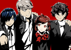 10s 1girl 3boys amamiya_ren black_hair blue_eyes bow club3 glasses grey_eyes grey_hair hair_over_one_eye houndstooth multiple_boys narukami_yu persona persona_3 persona_3_portable persona_4 persona_5 red_bow red_eyes school_uniform shiomi_kotone short_hair smile yuuki_makoto_(persona_3)