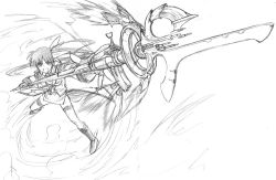 Rule 34 | 00s, 1girl, alternate weapon, energy wings, female focus, fingerless gloves, gloves, greyscale, grin, happy, himura kiseki, lyrical nanoha, magazine (weapon), magical girl, mahou shoujo lyrical nanoha, mahou shoujo lyrical nanoha strikers, monochrome, raising heart, sketch, smile, solo, takamachi nanoha, twintails, waist cape, weapon, white devil