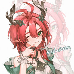 1girl ahoge bare_shoulders black_choker breasts choker ciaccona_(wuthering_waves) closed_mouth commentary_request frilled_wrist_cuffs frills green_eyes hair_between_eyes hand_up looking_at_viewer medium_hair one_eye_closed pointy_ears portrait red_hair silver4581 small_breasts smile solo tacet_mark_(wuthering_waves) tree_horns twitter_username white_wrist_cuffs wrist_cuffs wuthering_waves zoom_layer