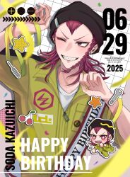 Rule 34 | 1boy, absurdres, arm up, arms up, blush, braid, character name, cherry, chibi, collared jumpsuit, commentary, confetti, crew neck, danganronpa (series), danganronpa 2: goodbye despair, dated, diamond-shaped pupils, diamond (shape), english text, food, fruit, grid background, happy birthday, highres, holding, holding wrench, jumpsuit, looking at viewer, looking to the side, male focus, medium hair, one eye closed, pink eyes, pink hair, sash, sharp teeth, shirt, side braid, sideways glance, single braid, smile, soda kazuichi, star (symbol), symbol-shaped pupils, teeth, tuki onigiri, upper teeth only, v-shaped eyebrows, white shirt, widow&#039;s peak, wrench, yellow jumpsuit, zipper pull tab