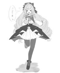 &gt;_&lt; 1girl ahoge ascot black_pantyhose center_frills dress drill_hair frills full_body greyscale hairband highres honda_nyoon long_hair monochrome open_mouth pantyhose running shrug_(clothing) solo speech_bubble twin_drills vivian_banshee white_shrug zenless_zone_zero