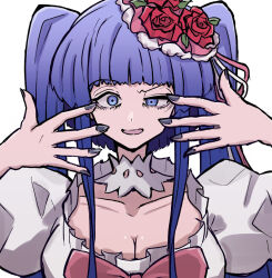 1girl amon_higu3106 blue_eyes blue_hair blue_nails blunt_bangs bow breasts cleavage dress flower frilled_dress frills furudo_erika hair_flower hair_ornament hands_up long_hair open_mouth red_bow rose simple_background solo twintails umineko_no_naku_koro_ni uneven_eyes upper_body white_background